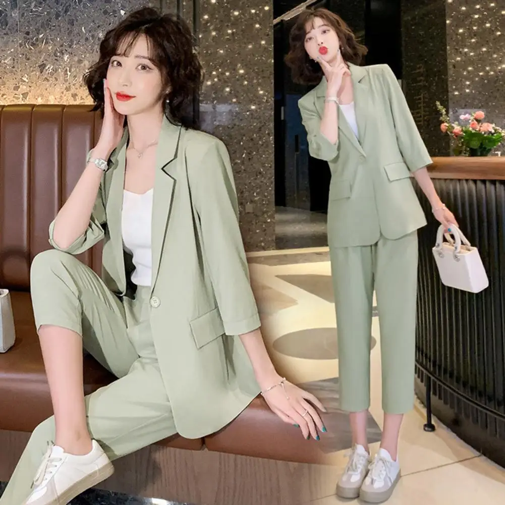 

Popular Polyester Lady Top Trousers 2 Piece Set Blazer 3/4 Sleeves Anti-wrinkle Women Blazer Pants Set Daily Clothing