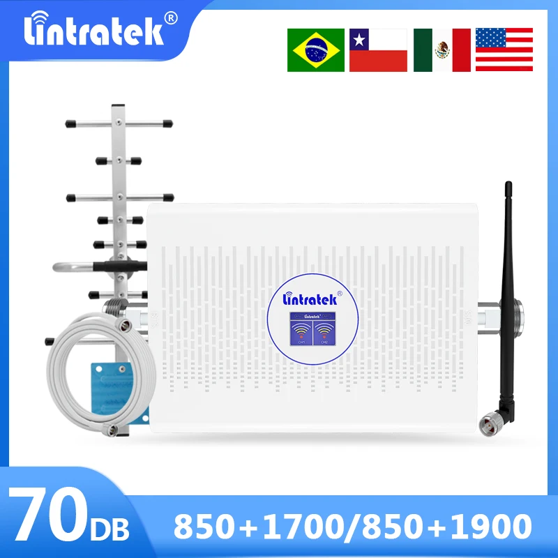Lintratek 2 Band Cellular Amplifier 850 1700 1900 MHz AWS 1700 PCS 1900 LTE 2G 3G 4G Signal Booster Mobile Repeater 70dB America
