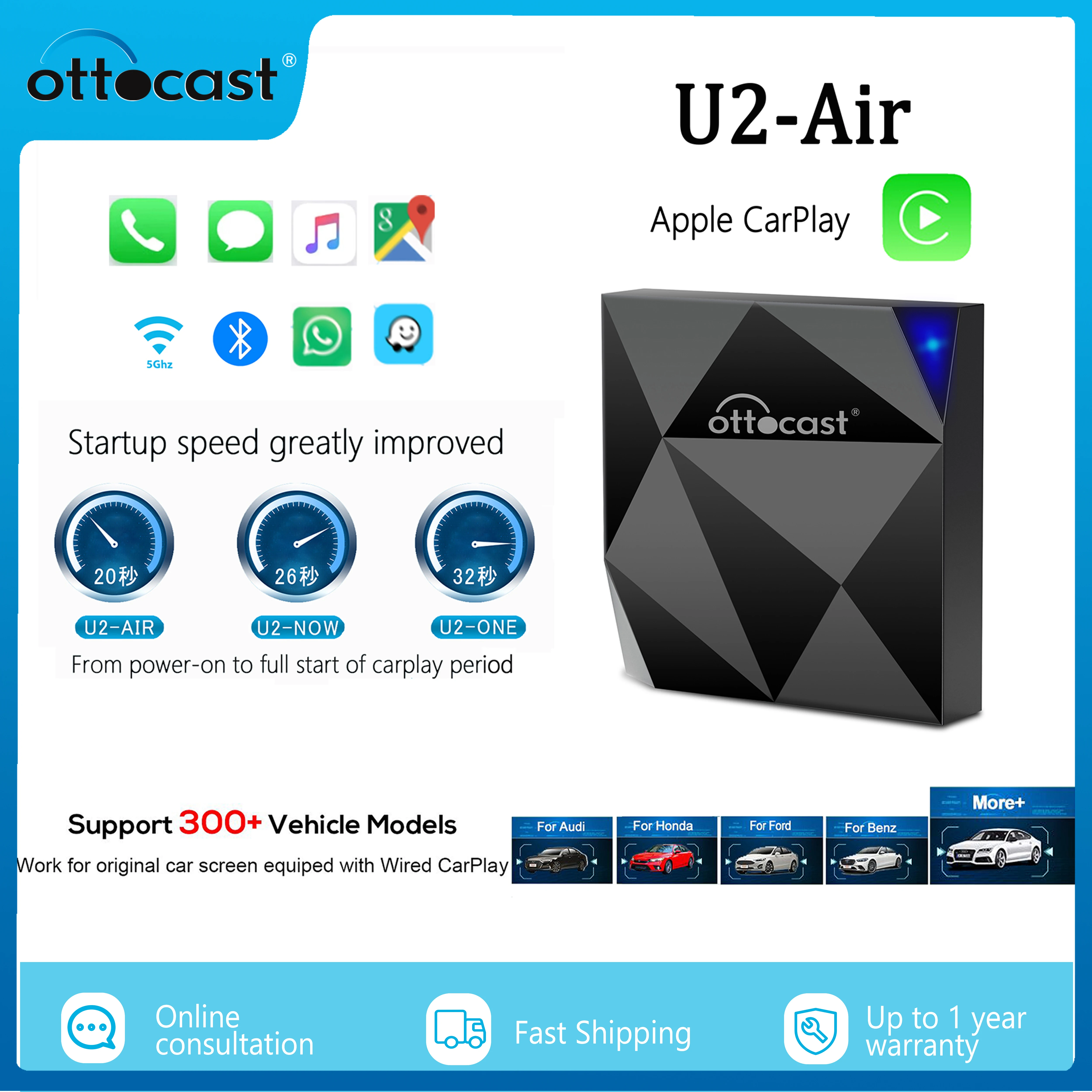 OTTOCAST U2 Air беспроводной адаптер CarPlay активатор ключа Bluetooth USB мультимедийный плеер