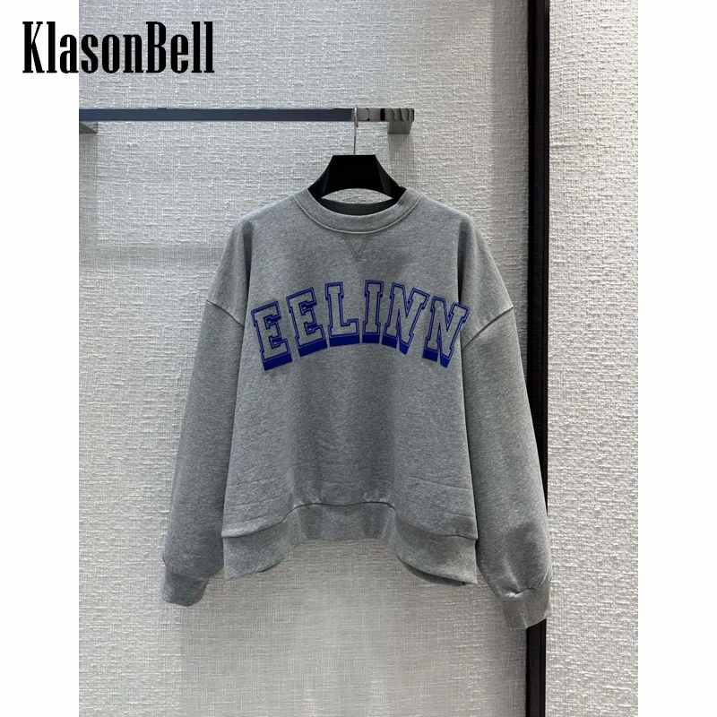 

1.3 KlasonBell Letter Print Round Neck Loose Cotton Gray Pullover Sweatshirt Women