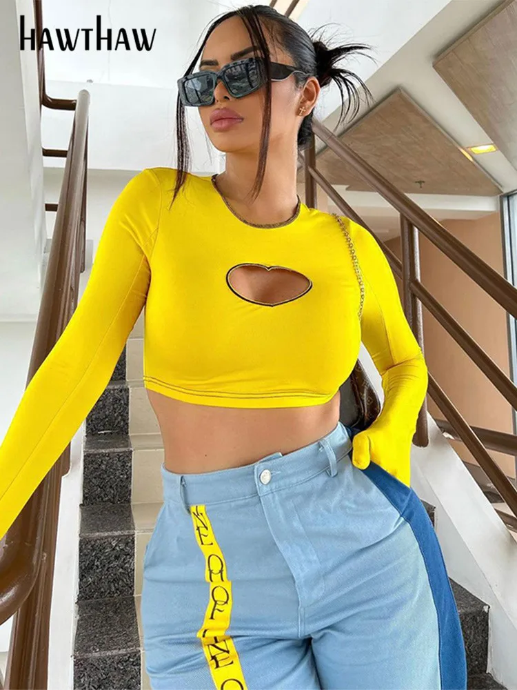 

Женские модные укороченные топы Hawthaw с длинным рукавом, футболки, осенняя одежда 2022, оптовая продажа товаров для бизнеса