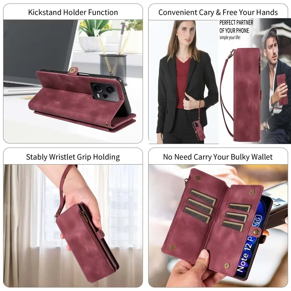 Роскошный чехол-кошелек на молнии для Redmi 13C 12C 12 11A 10 10A 10C 9 9A 9C 9T 8 8A кожаный ремешок