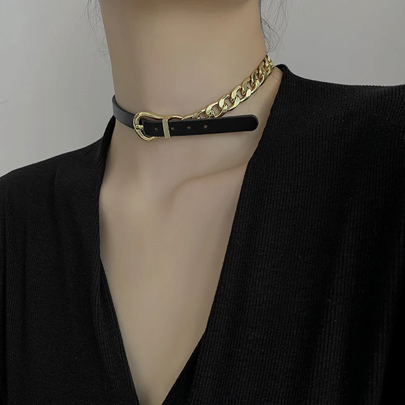 

Lovejy 2022 Fashion French Style Women Bundle Neck PU Leather Necklace Jewelry Punk Hip Hop Choker Belt Buckle Chain Collar Gift