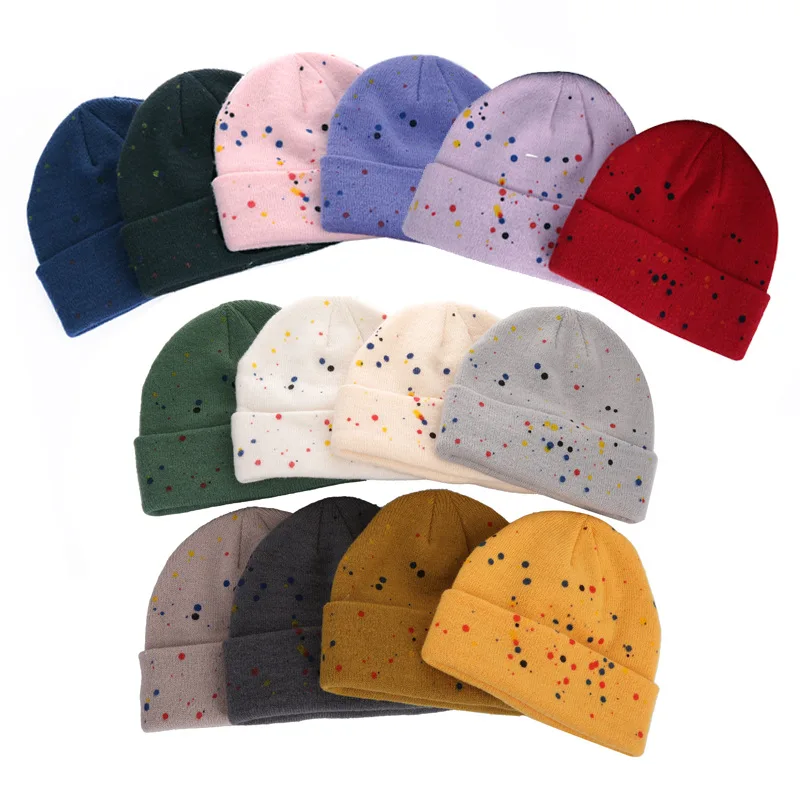 

New Winter Painted Polka Dot Graffiti Knitted Caps Unisex Elasticity Outdoor Warm Skullies Beanies Cap Women Casual Skull Hat