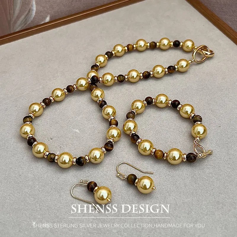 Ожерелье с имитацией жемчуга и камнем кошачий глаз 10 мм ожерелье из меди золота 14