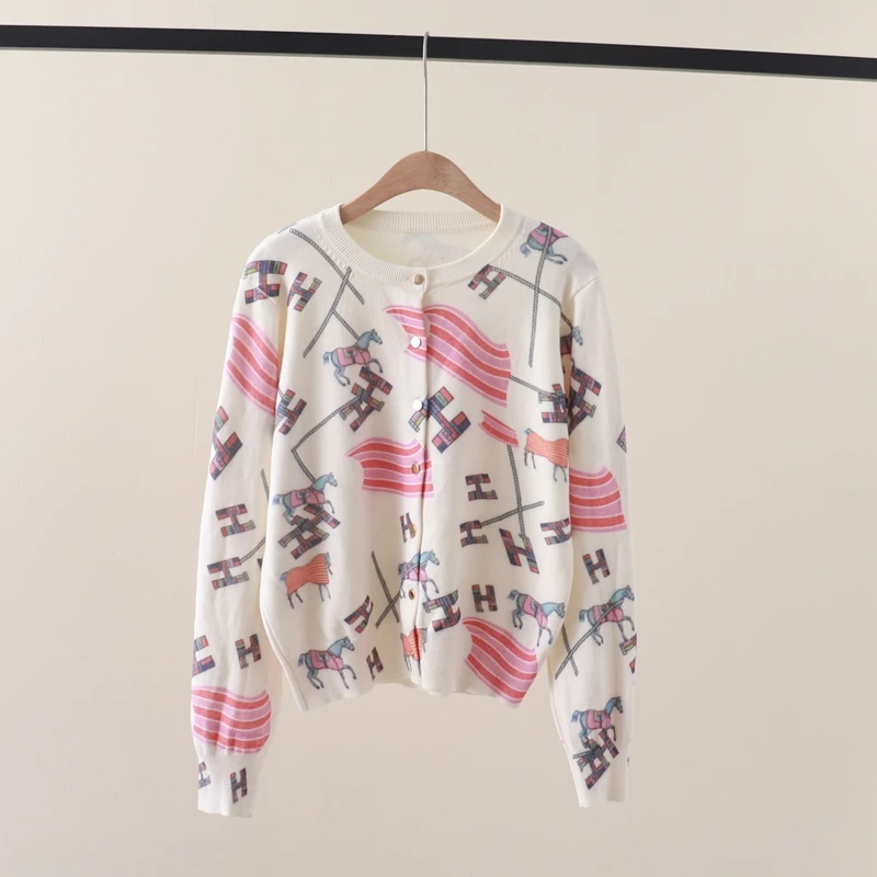 Вязаный кардиган с радужной лошадью H и буквой женский свитер принтом топы пальто
