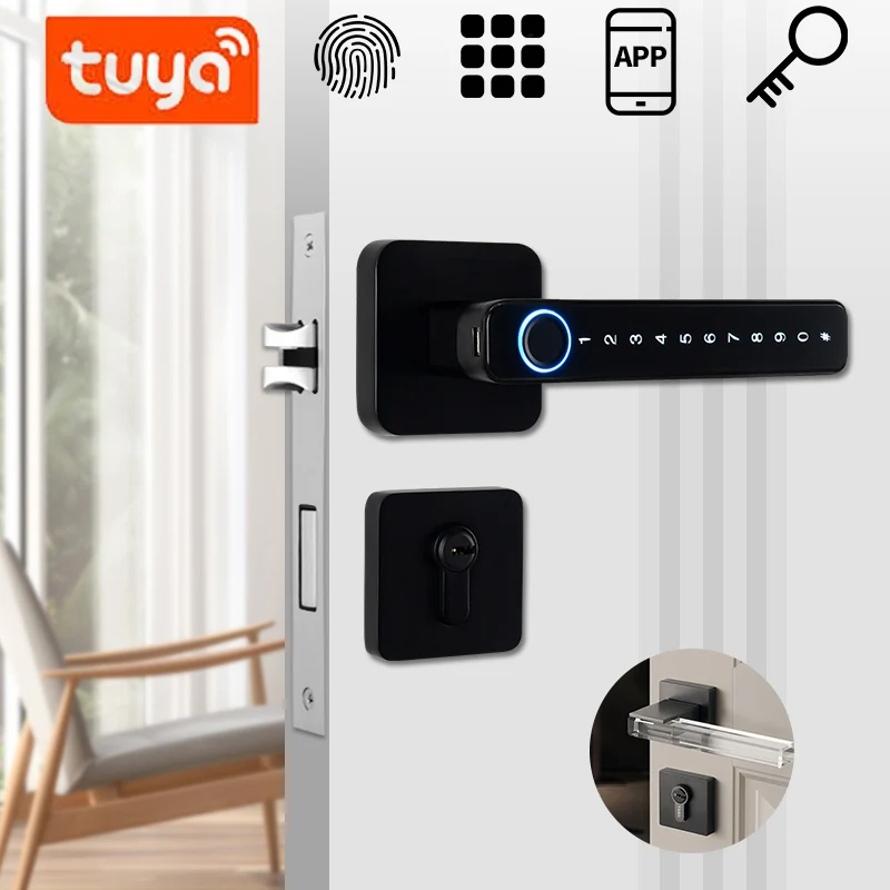 

Умная дверная ручка с отпечатком пальца и паролем, дистанционная разблокировка цифровым замком, безключевой вход в приложение Tuya для двере...
