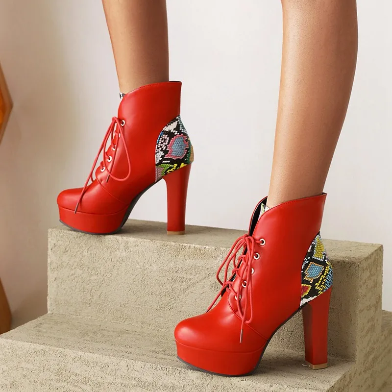 

Women Platform Chunky Heeled Bootie White Snake Print Ankle Boots Winter Round Toe Lace Up High Heel Sexy Ladies Shoes 45 46 47
