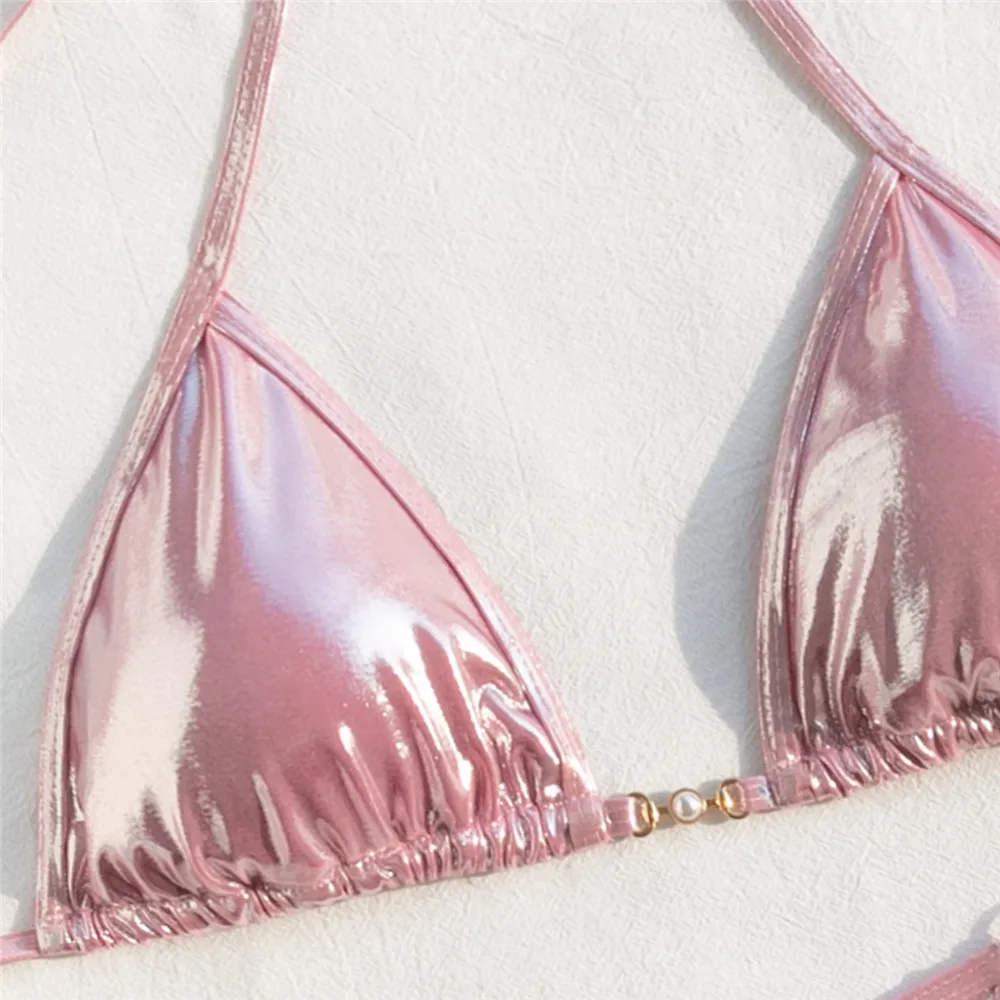 Комплект бикини привлекательный Розовый Блестящий купальник с лямкой на шее