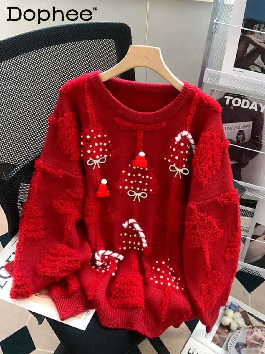 

Рождественский новогодний красный свитер, пуловер, Женская Новинка 2023, осенне-зимняя одежда, Свободный вязаный свитер в западном стиле, Топ