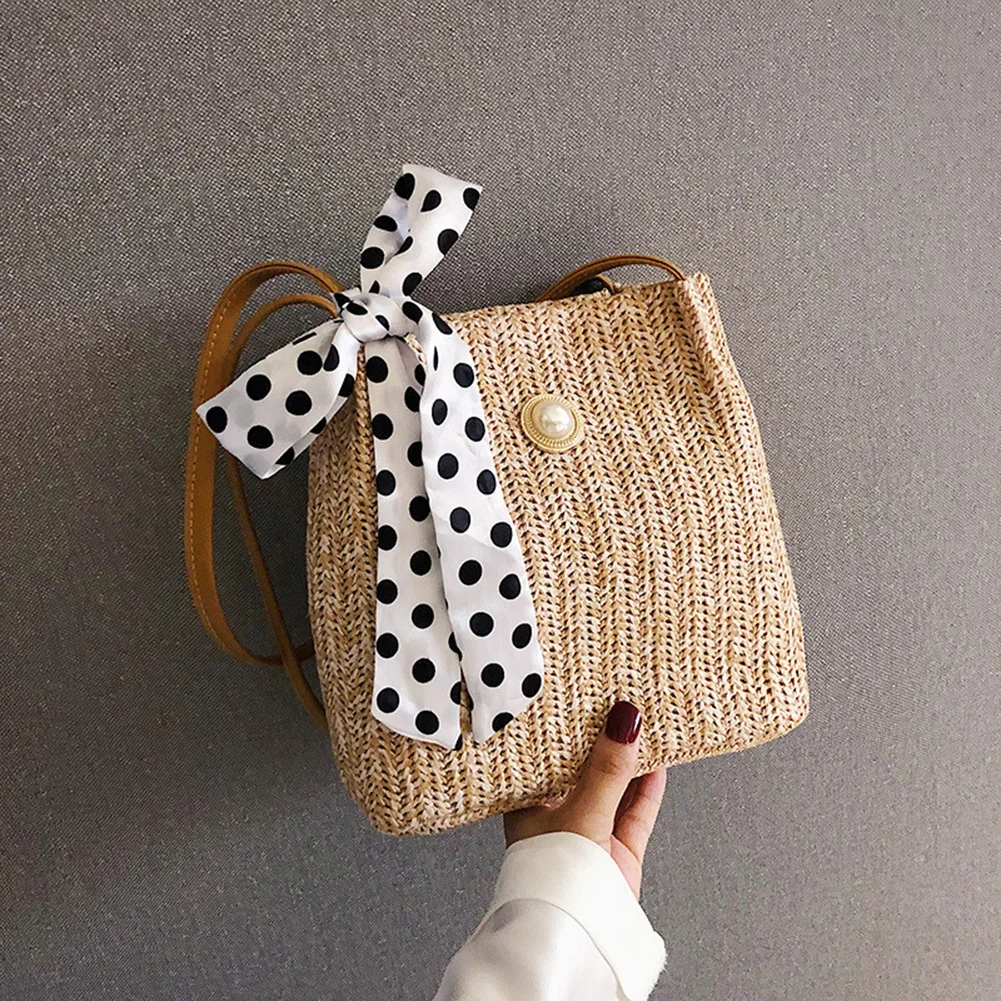 

2022 Summer New Bow Straw Woven Bag For Women Woven Bag Portable Beach Bag Single Shoulder Messenger Pearl Bag