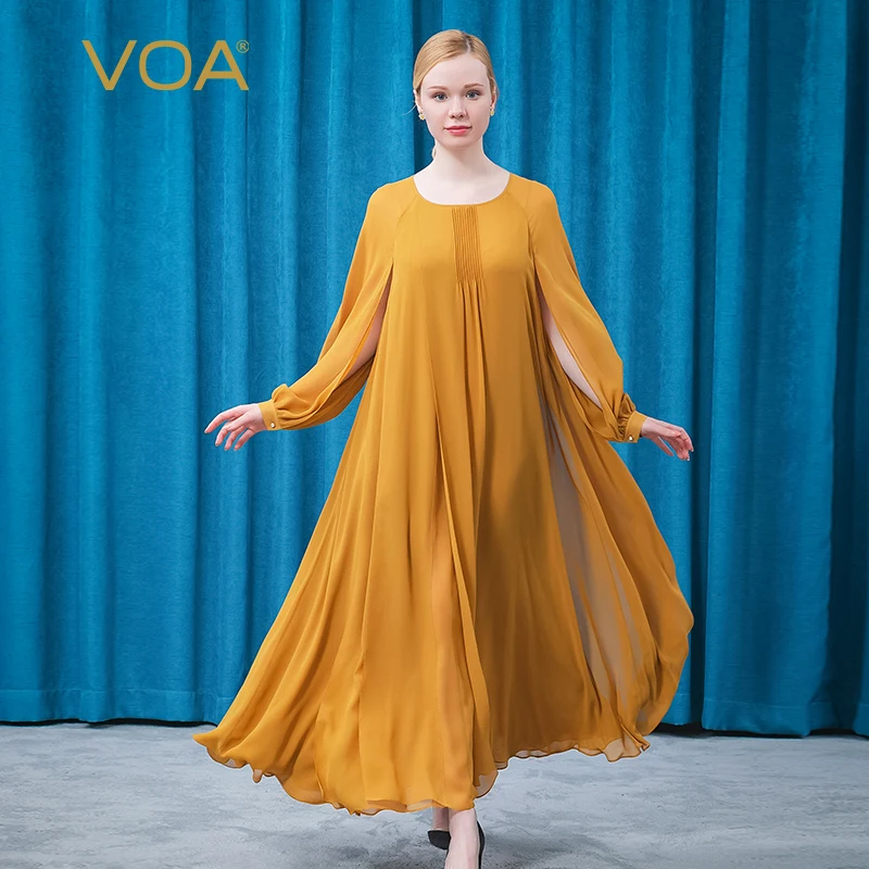

(Fans Exclusive Discount) VOA Silk Georgette O-neck Hollow Long Sleeve Fold Asymmetric High Quality Elegant Long Dress AE923