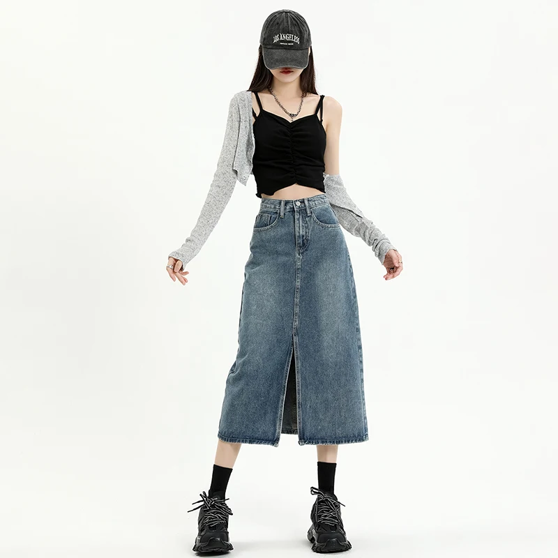 

Vintage Denim Women Skirts 2023 New Empire Slim Fit Korean Version Half-body Skirt SUMMER Split Clothing YCMYUNYAN