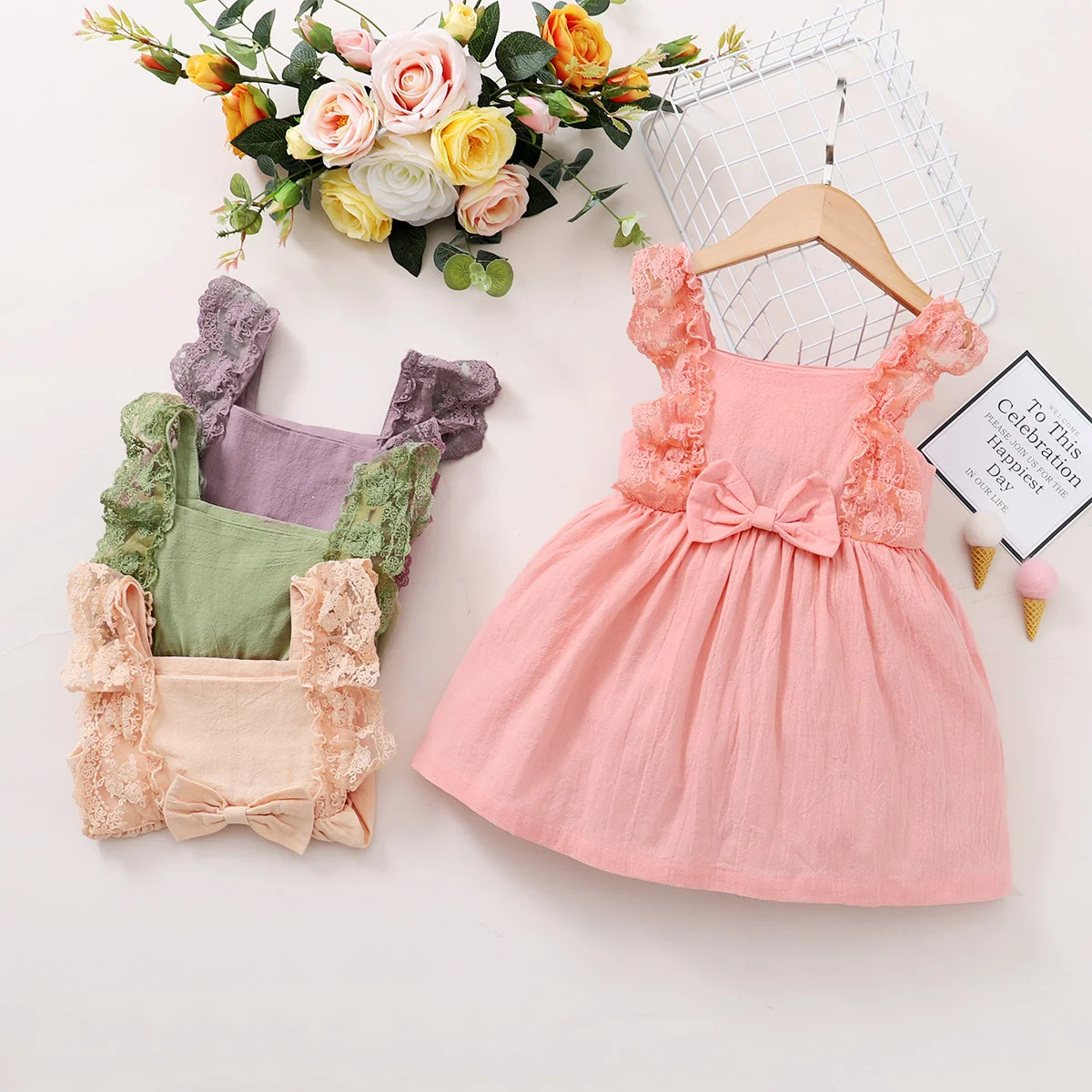 

kids cheap costume clothesGirls' spring autumn new sleeveless color lace middle children's Princess Dress