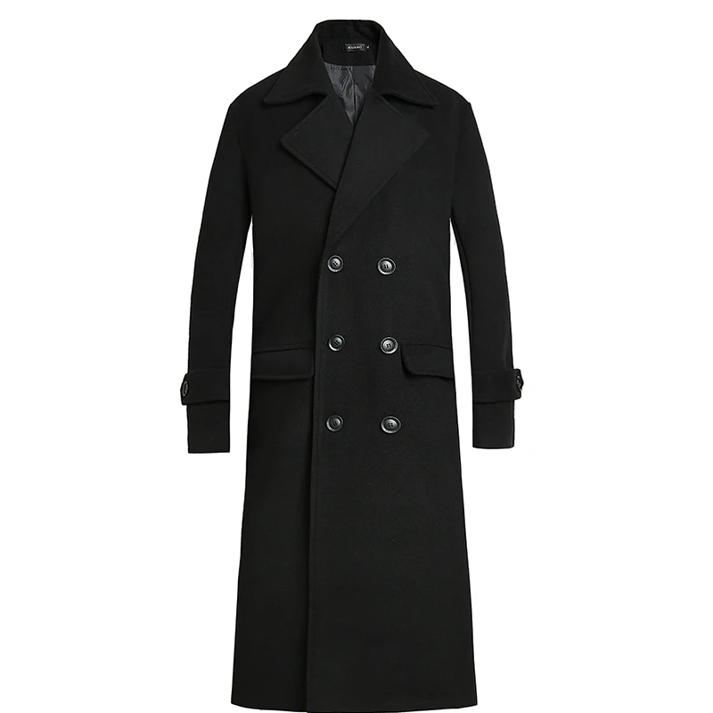 

Wool coat men's extended winter warm woolen coat business high quality men's double buckle black blended jacket 4XL