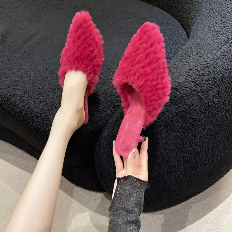 Роскошные пушистые Сланцы на каблуке с котенком женские розовые пикантные