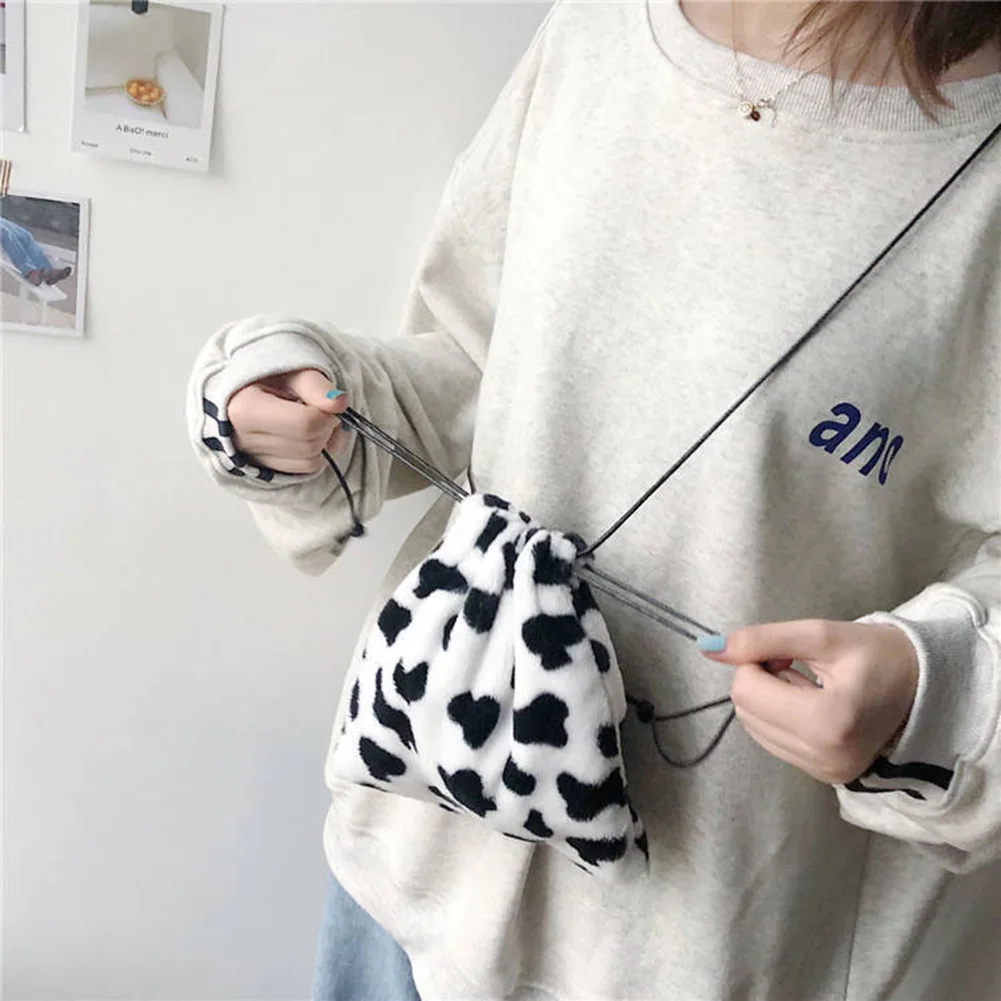 

Women Plush Crossbody Bag Cow Milk Print Shoulder Drawstring Mini Handbags Cosmetic Jewelry Storage Bag for Girls