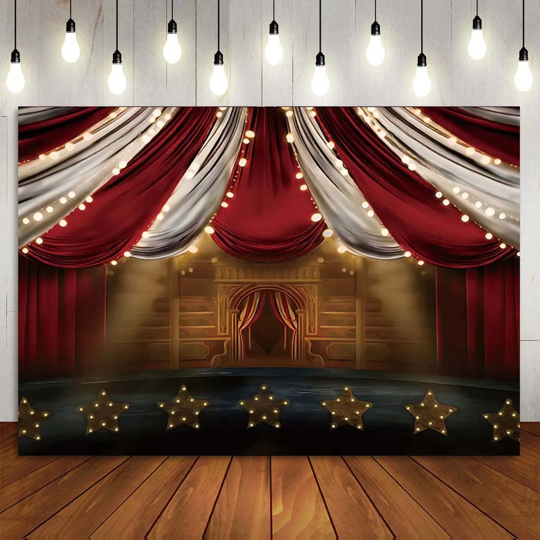 

Indoor Circus Theme Clown Play Show Red Curtain Baby Child Photography Backdrop Ferris Wheel Neon Party Banner Background Photo