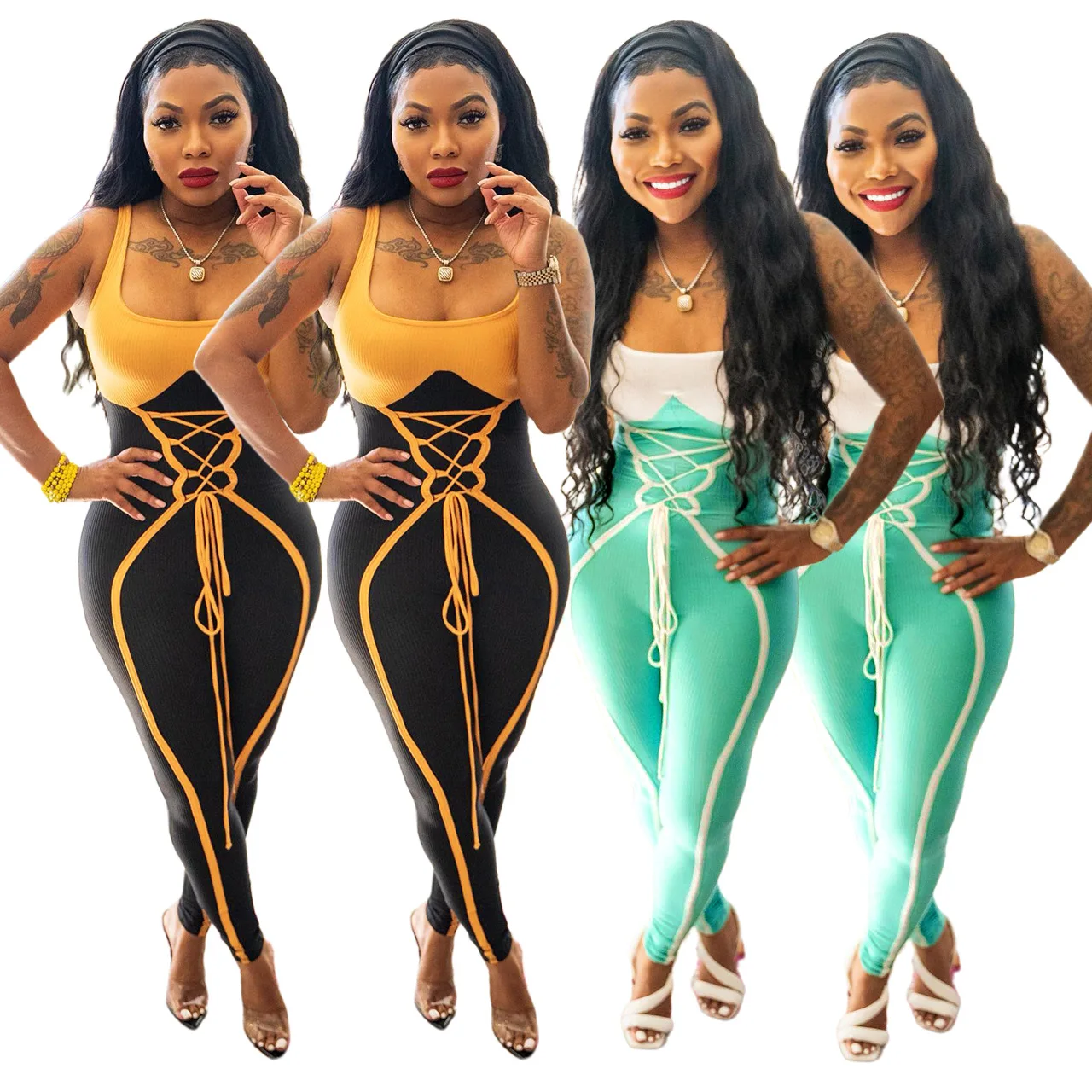 

Женский Длинный комбинезон на шнуровке, в стиле пэчворк