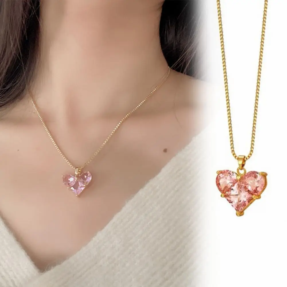 

Ladies Necklace Cubic Zirconia Shining Geometric Shape Wear-resistant Dress Up Hypoallergenic Pink Heart Pendant Women Jewlery