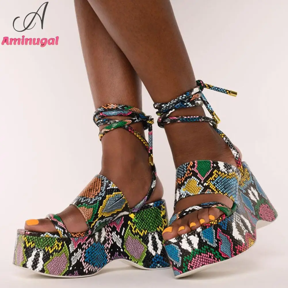 

Aminugal Women's Platform Sandals Wedges Heels Shoes Brand New Gray Snake Veins Leisure Footwear Chunky Heels Comfy Women Shoes