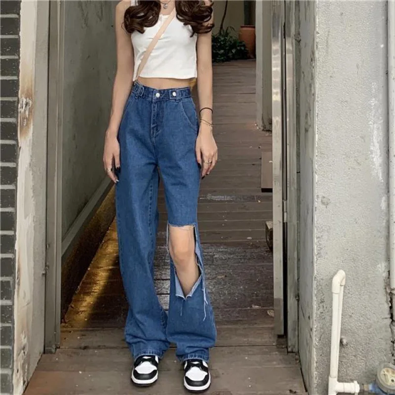 Spring And Summer Hot Girl Knee Hole Jeans Female Large Size Fat MM High Waist Loose And Thin Straight Wide Leg Mopping Trousers