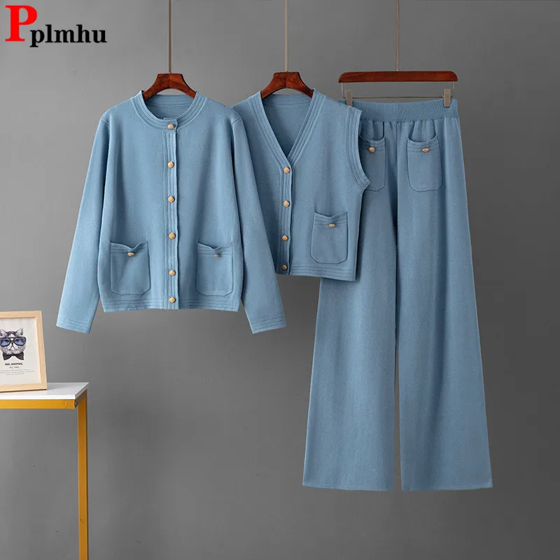 Элегантный новый вязаный комплект из 3 предметов женский трикотаж с круглым