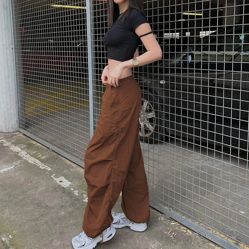 

Fashion Women High Waist Pants Chic Solid Brown Streetwear 2023 Y2K Casual Vintage Punk Pants Oversized Loose Joggers Tech Pants