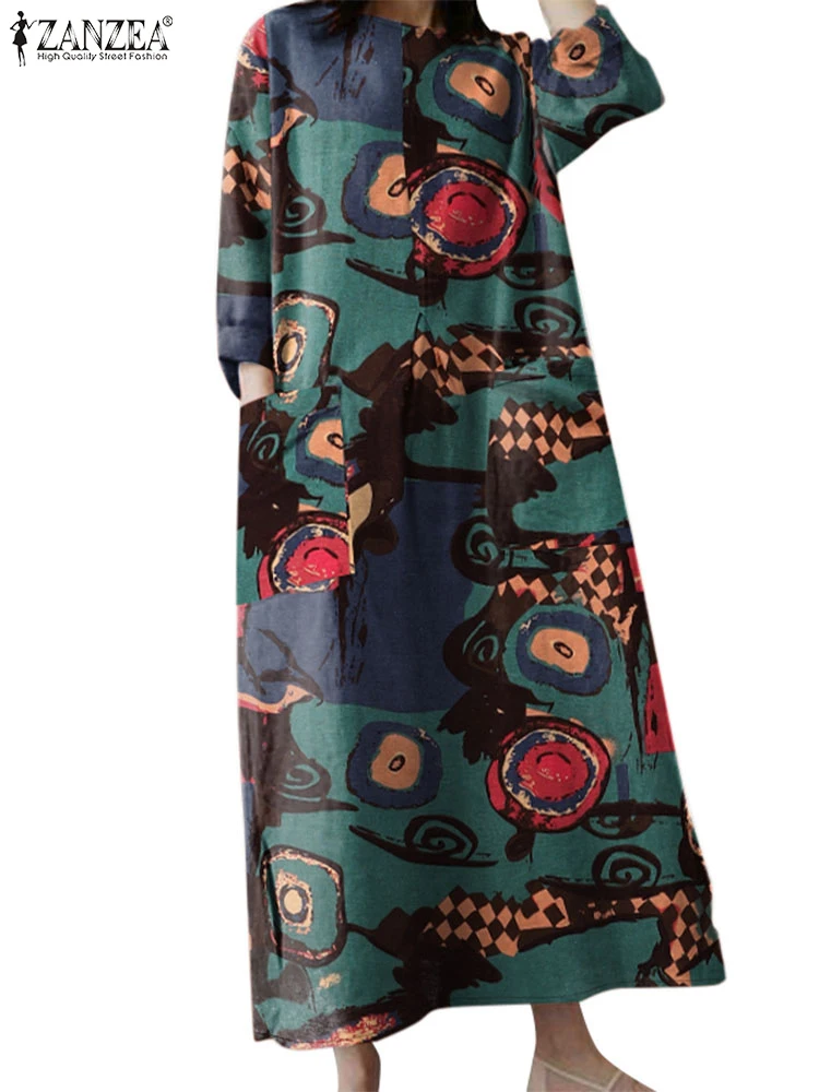 ZANZEA 2024 осеннее винтажное мешковатое платье с длинным рукавом сарафан кафтан
