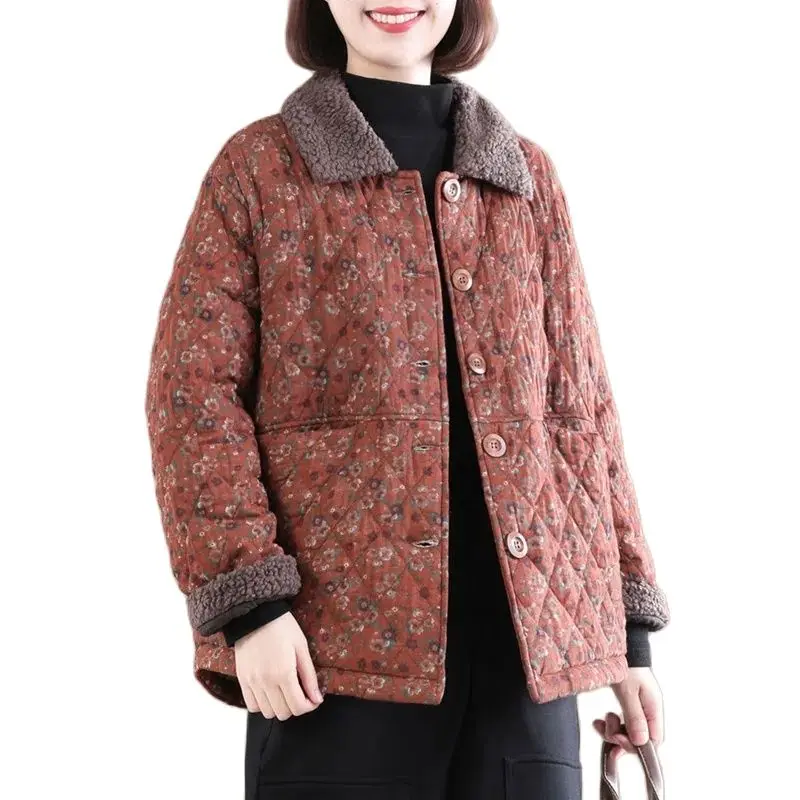 

Retro Floral Cotton Coat Middle-Aged Elderly Women's Winter Jacket New 2022 Loose Lapel Short Cotton Clothes Quilted Overcoat