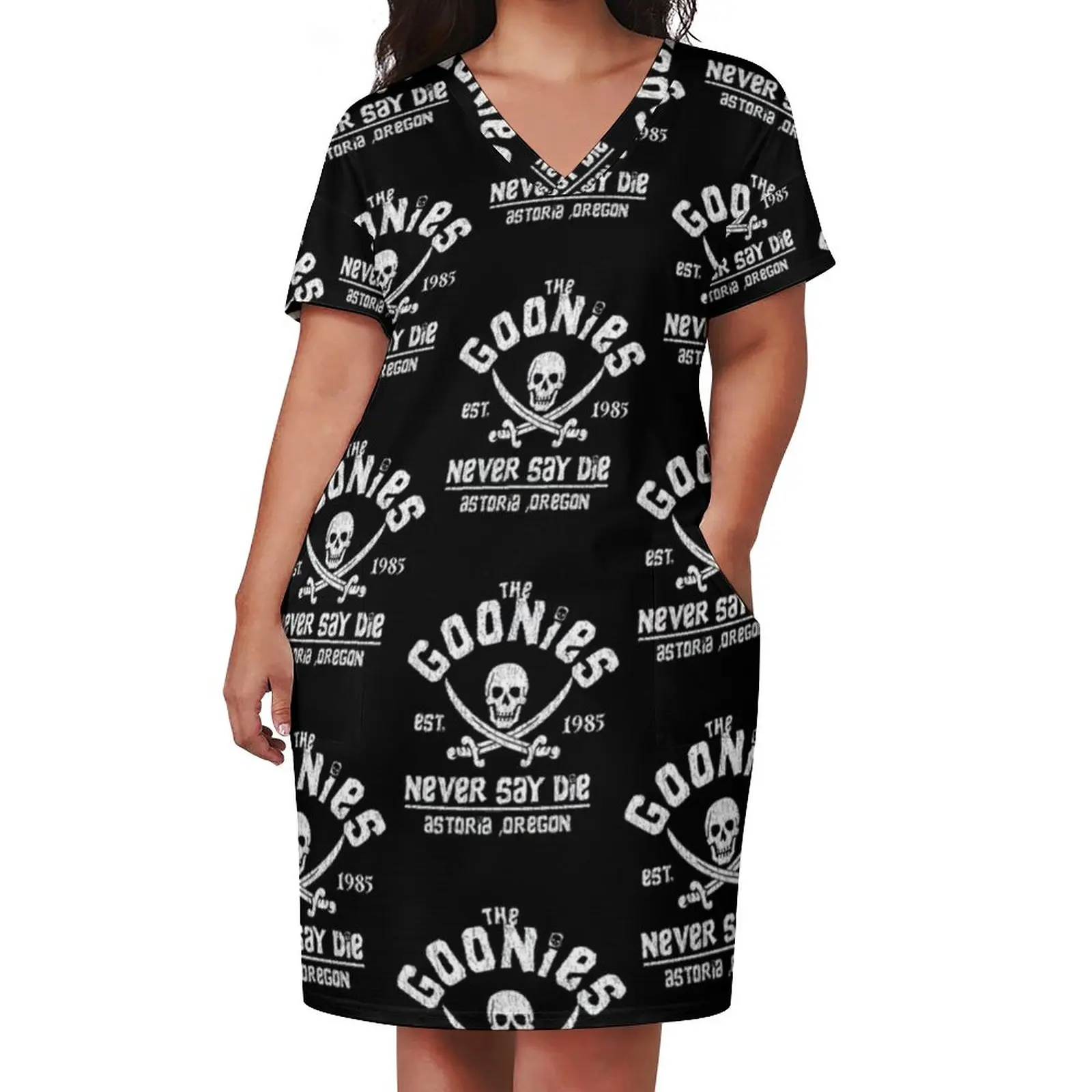 The Goonies Print Casual Dress Summer Skull Pirate Cute Dresses Female V Neck Pattern Streetwear Dress Plus Size 3XL 4XL