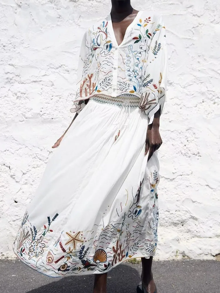 

TRAF Summer Women Embroidery Blouse Skirts Sets 2023 Causal Loose Batwing Sleeve Tops Elastic Waist A-Line Skirts Outwear