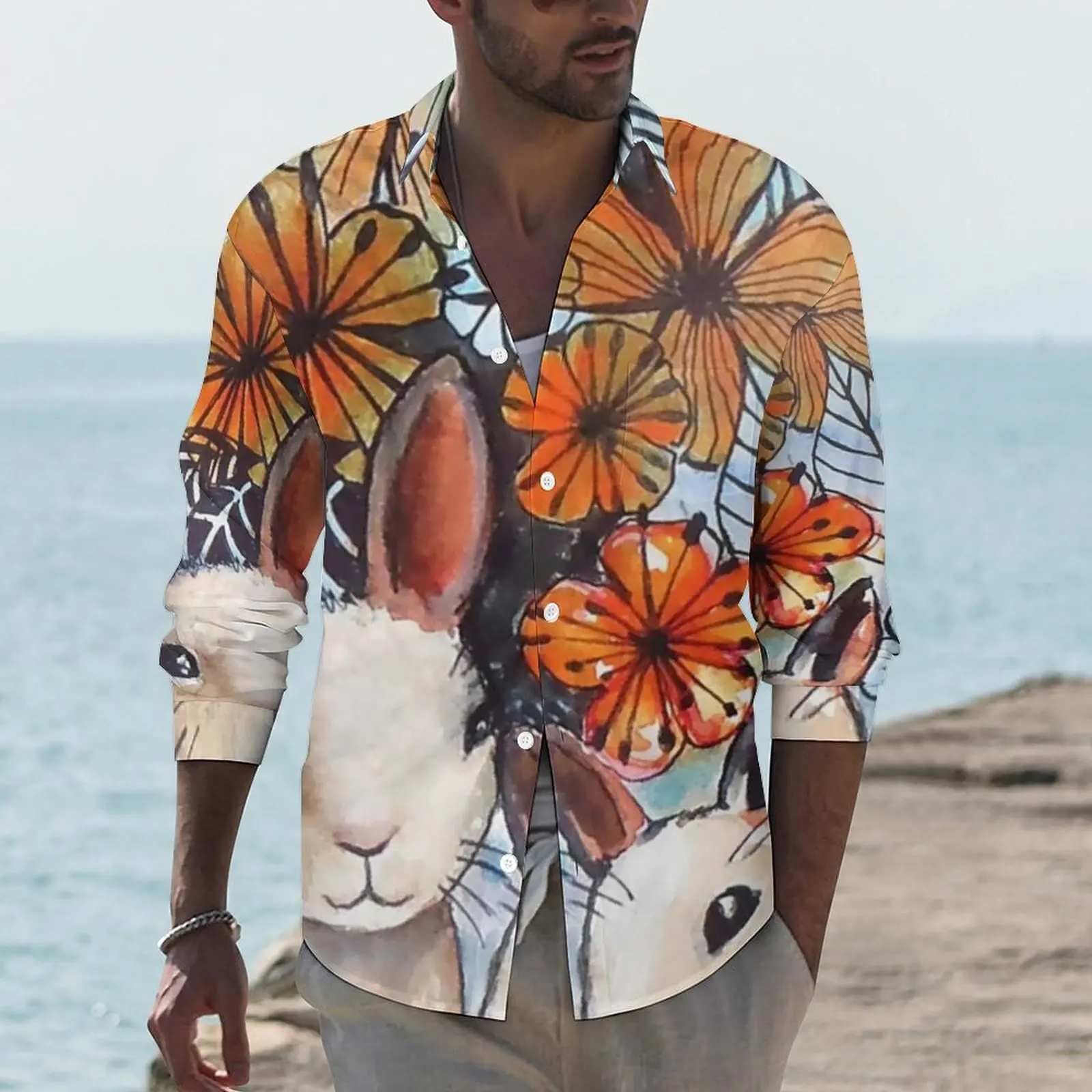 

Easter Bunny Shirt Man Flower Power Bunnies Casual Shirts Spring Aesthetic Design Blouses Long Sleeve Novelty Oversized Clothing