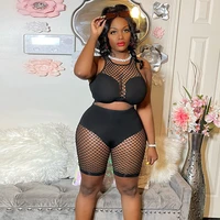 mesh tank tops two piece set shorts sexy patchwork fishnet shirts 2022 women fashion clothes casual cargo pants club outfits