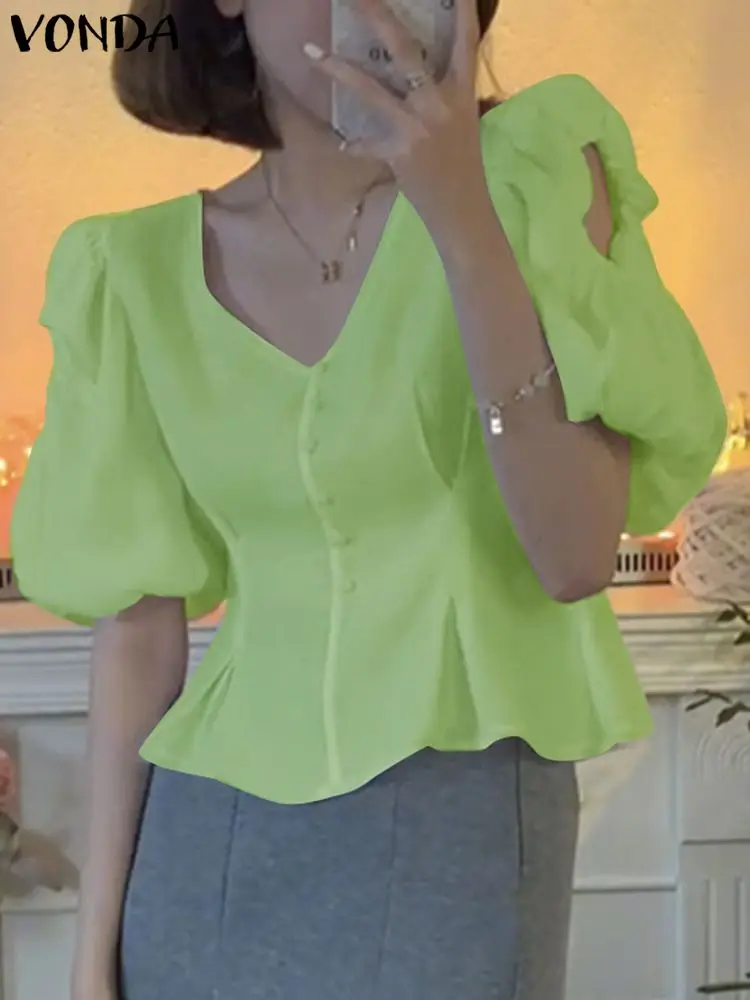 

Bohemian Summer Tops Women Blouse 2023 VONDA Fashion Sexy Puff Sleeve Solid Color Shirts Female V Neck Tops Femininas Blusas