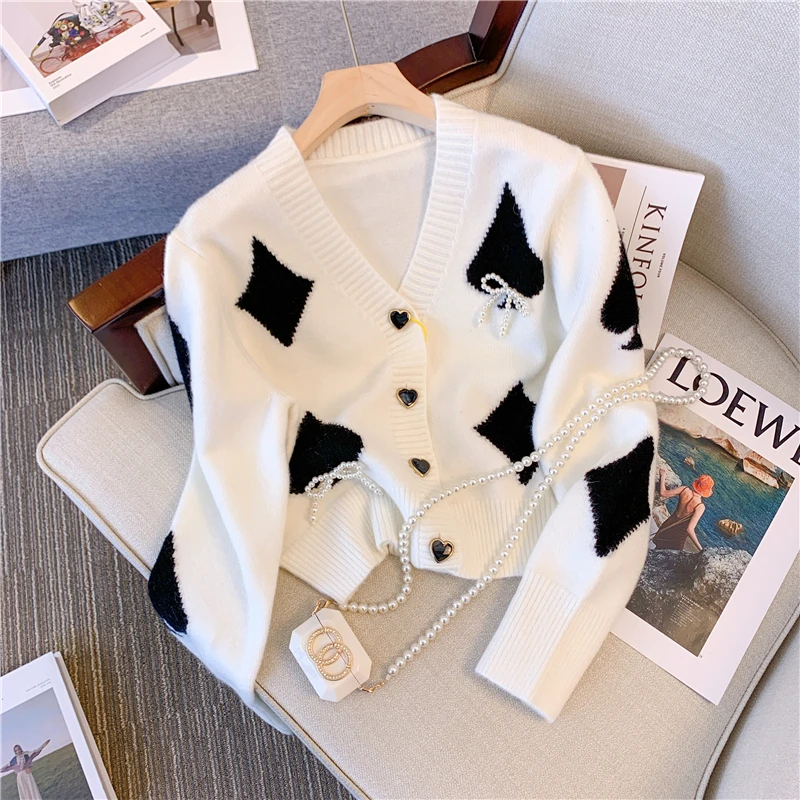 

Fashion Bow Sweater Cardigan Women Casual Argyle Button Love Sweaters Ladies Knitted Cropped Cardigan Womens Long Sleeve Tops