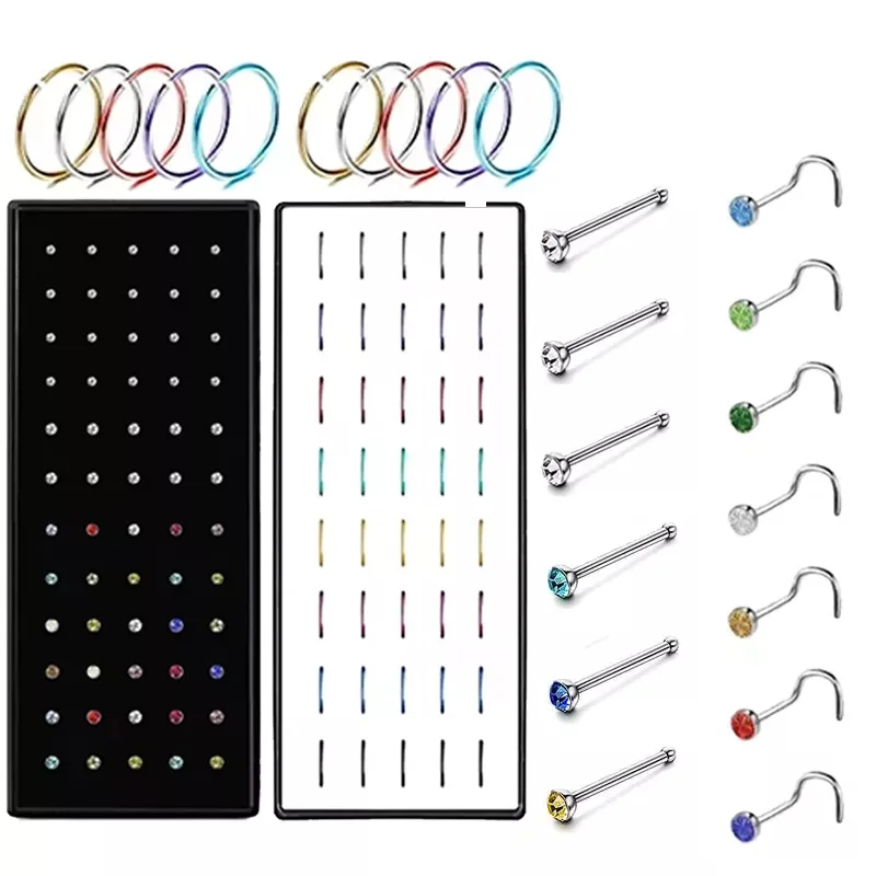  40/60Pcs Straight Nose Stud Curved Pack Crystal Nose Ring Set Stud Lot Nariz Nase Pircing Nose Ring Set Bend Piercing Non-Pack