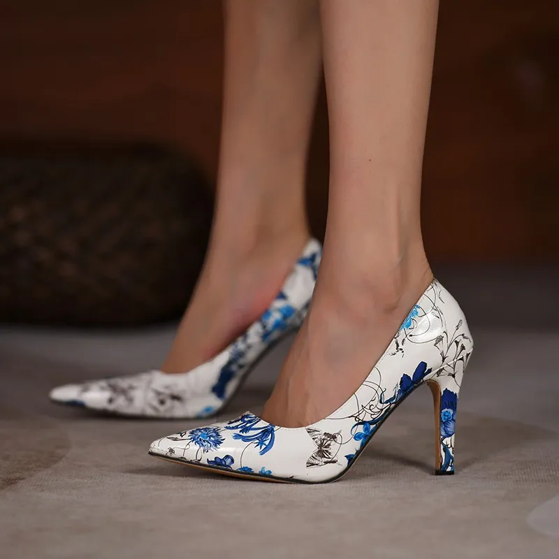 

2022 New Flowers Prints 9cm Thin Heels Pointed Toe Pumps Women Leopard Zebra Pattern Leather Shoes Patent Wedding Shoes