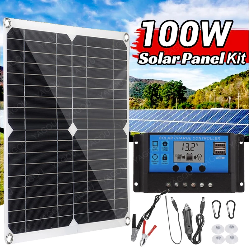 100W Solar Panel Kit With Controller USB 12V 24V Portable Solar Charger for Mobile Phone Power Bank Battery Camping Car Boat RV