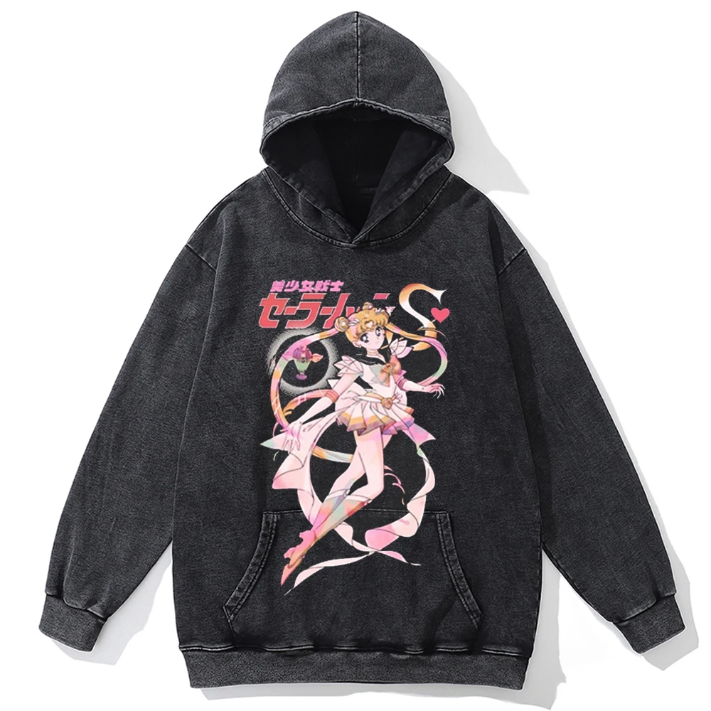

Men Washed Winter Sweatshirt Anime Sailor Moon Printed Vintage Harajuku Cotton Hoodie Hip Hop Streetwear Oversized Loose Hoodies