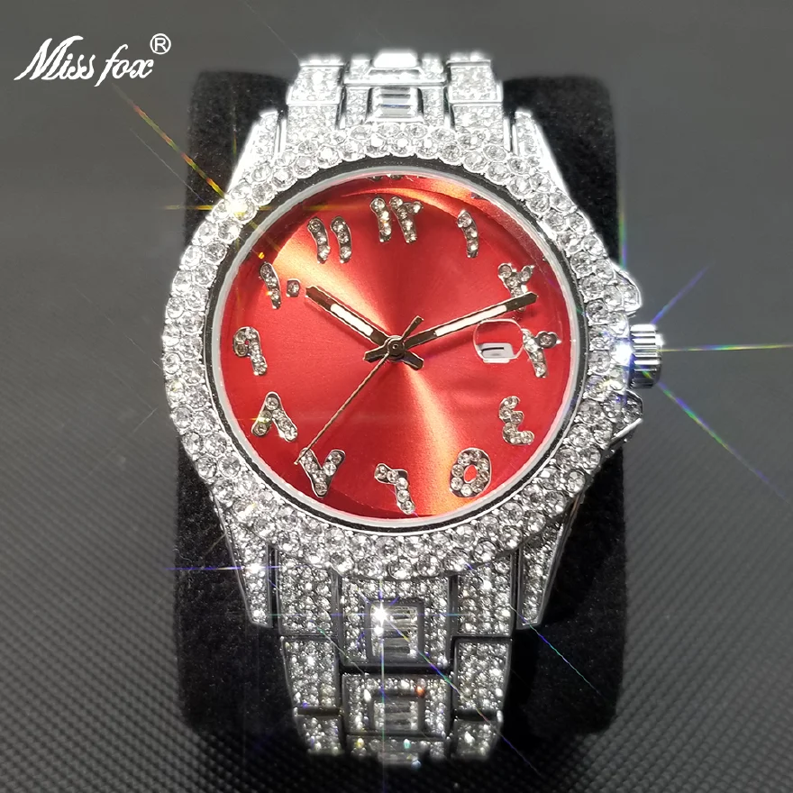 

MISSFOX Ice Out Watches For Men's Luxury Fashion Diamond Red Dial Watch Hip Hop Silver Automatic Date Relogio Masculino 2022 New