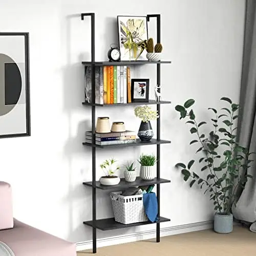 

Shelf Bookshelf, 5-Tier Industrial Bookshelf with Metal Frame and Wood Board, Wall Mounted Bookcase Open Shelf Organizer for Hom