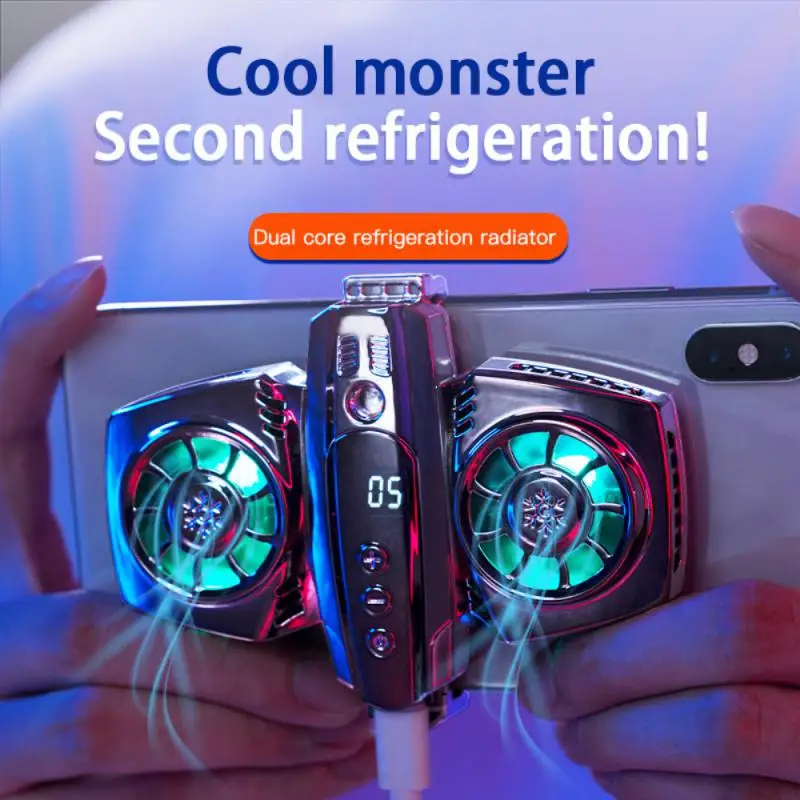 

Dual Cooling Fan Phone Cooler With Smartphone Temperature Display Rgb Colorful Lights Mobile Phone Radiator Portable