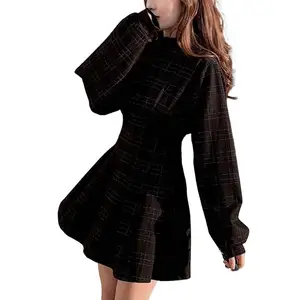 Trendy Winter Dress  Corset Design Thick Short Dress  Lady Fall Winter Retro Plaid Print Short Dress