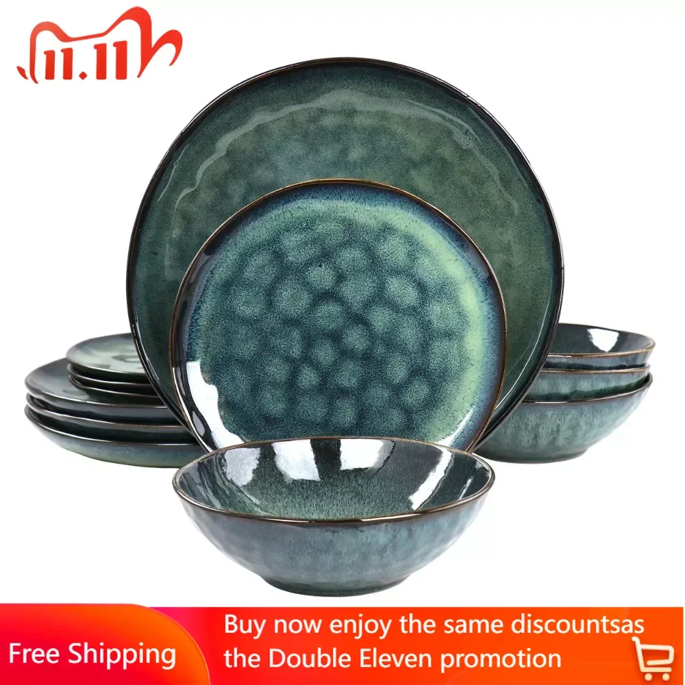 

Plate 12 Piece Stoneware Dinnerware Set in Green Dish Free Shipping Tableware Set of Plates Dinner Sets Ceramic Dishes to Eat