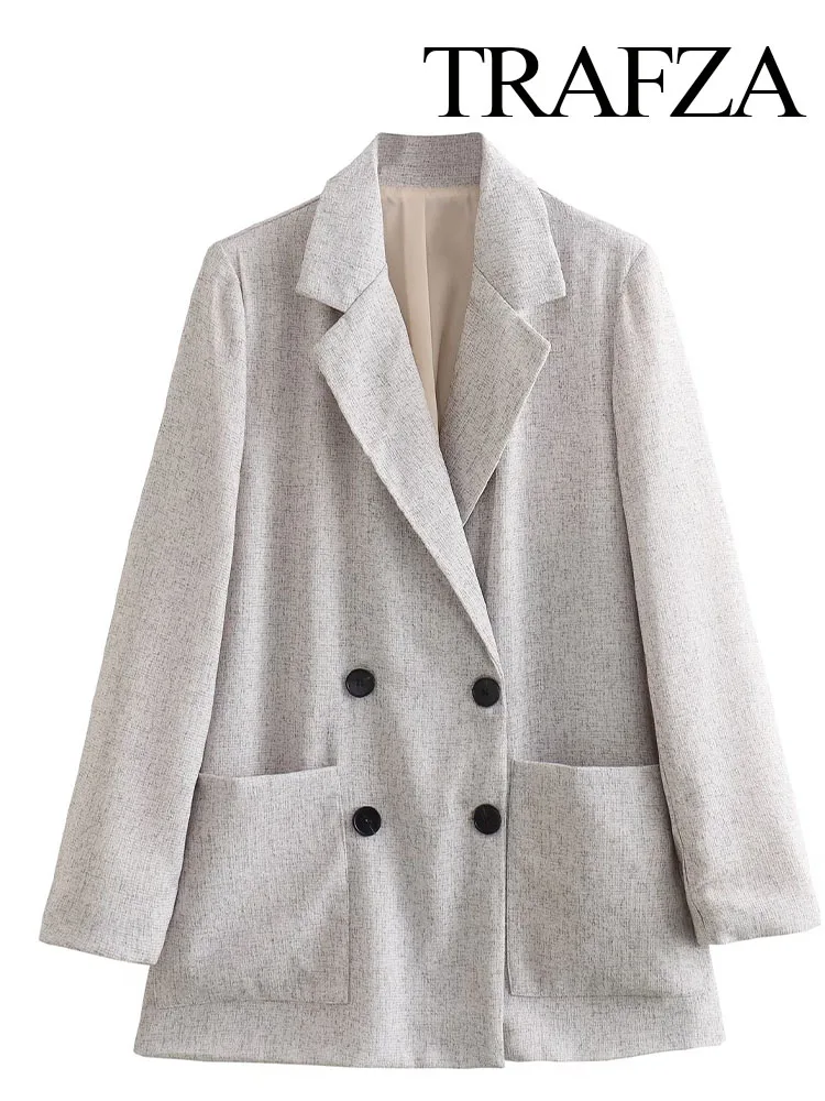

Женский льняной блейзер с карманами TRAFZA, Серый Повседневный приталенный двубортный пиджак с отложным воротником, пальто в стиле шик на осень