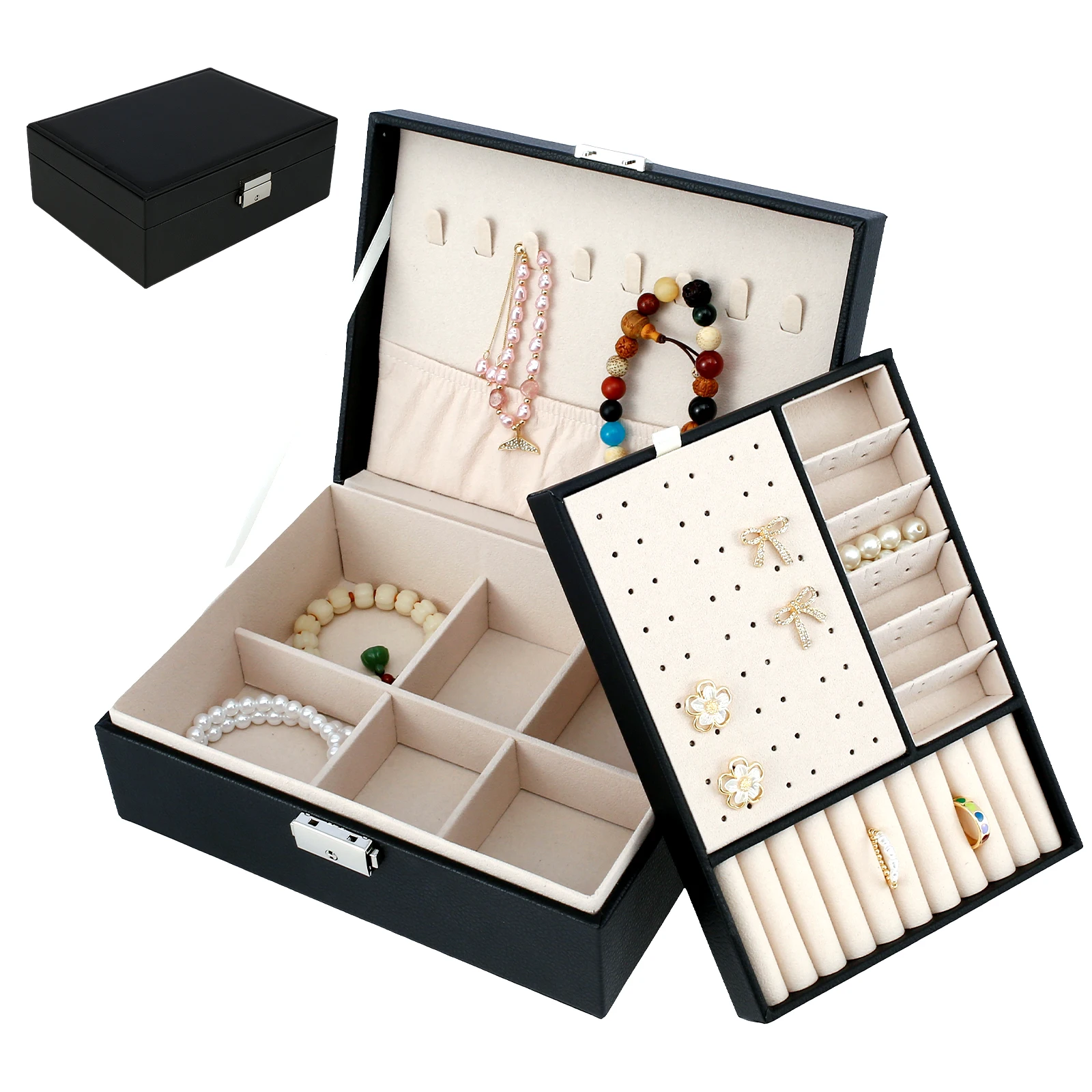 

Jewellery Box 2 Layer Lockable Jewelry Display Case Waterproof PU Leather Jewelry Storage Holder with Removable Dividers