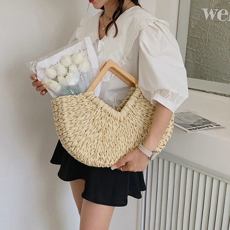 

2022 New Hollow Hand-woven Bag Women Summer Solid Color Large Capacity Casual Shoulder Handbag Fashion Beach Holiday Straw Bags