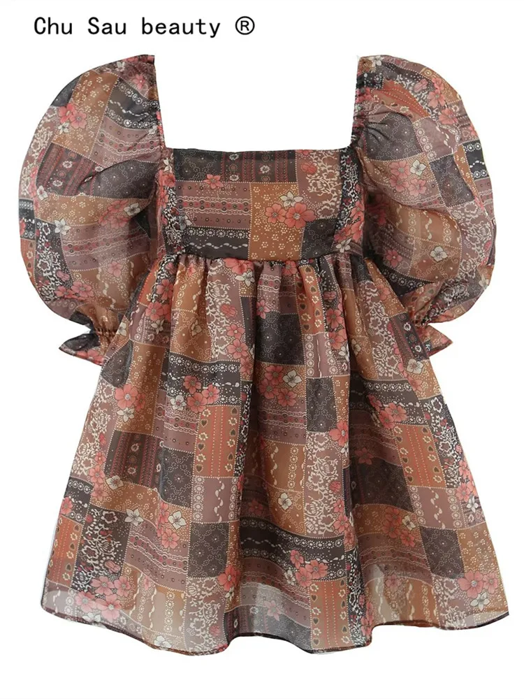 

Женское Короткое платье из органзы, коричневое Повседневное платье-пачка с квадратным вырезом и принтом, весна-лето 2023