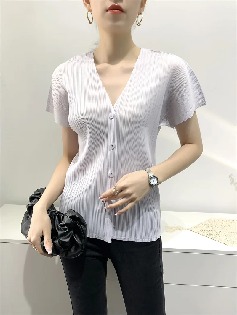 

Летняя рубашка, Женский плиссированный топ с коротким рукавом, приталенный силуэт на одной пуговице, удобная и Повседневная